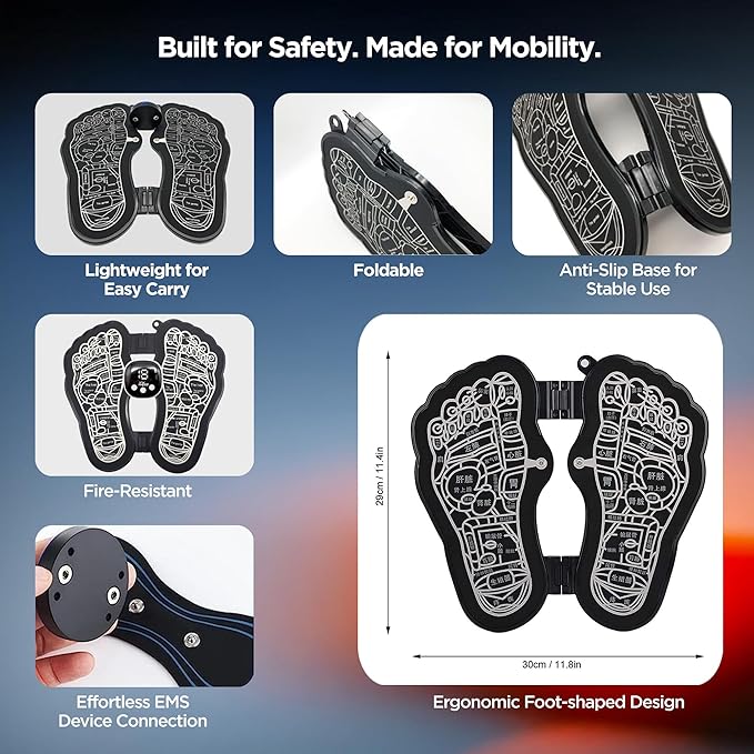 Theraveda 1035 EMS Rechargeable Foot Massager Mat Machine with 8 Massage Modes, 19 Intensity Levels, Reflexology Pad For Pressure Point Full Body Pain Relief, Portable Foldable Foot Massager for Tired & Achy Feet Relief - Image 2